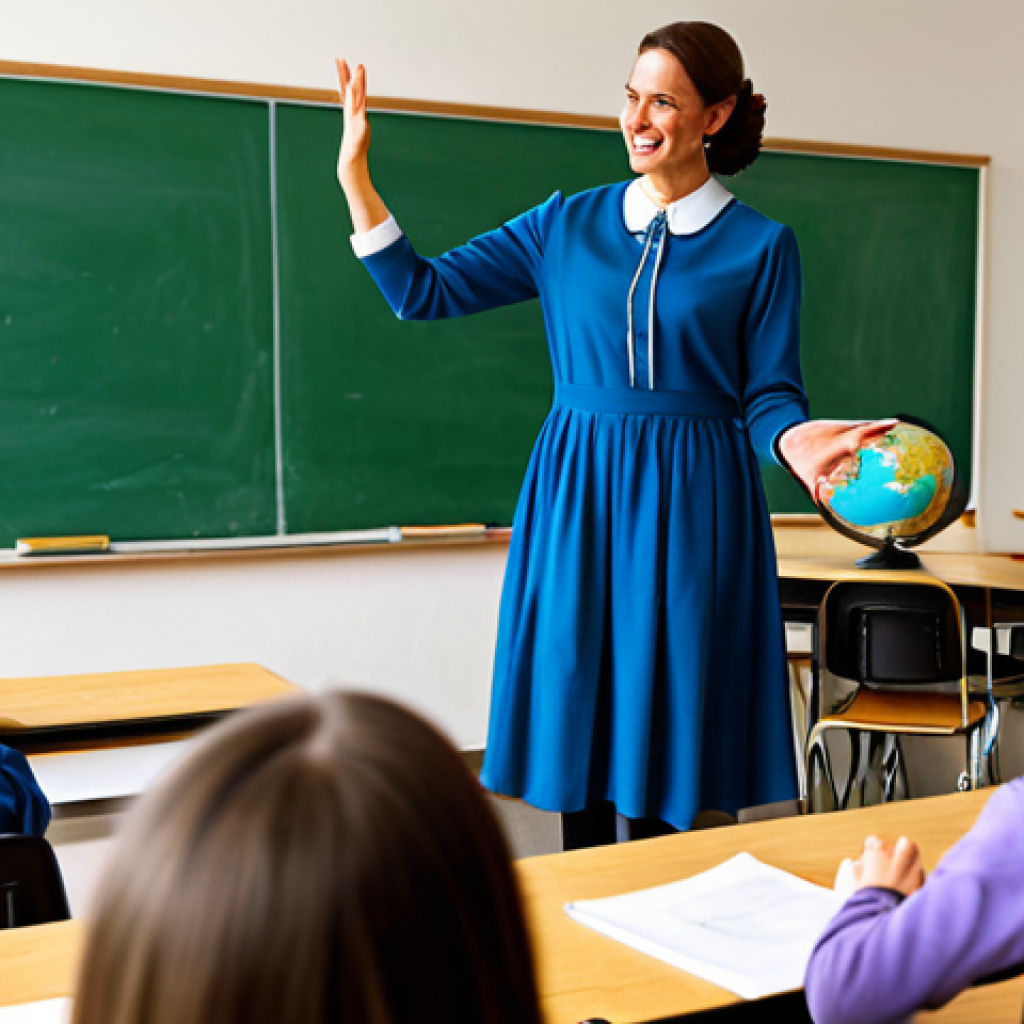 **
"A friendly teacher in a fully clothed, modest dress, standing in a brightly lit classroom, interacting with students, appropriate attire, safe for work, perfect anatomy, natural proportions, high-quality photography, family-friendly."
**