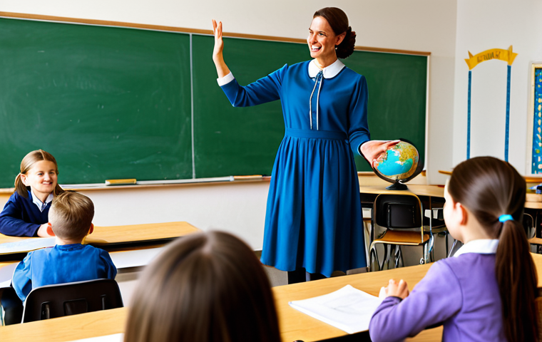 **
"A friendly teacher in a fully clothed, modest dress, standing in a brightly lit classroom, interacting with students, appropriate attire, safe for work, perfect anatomy, natural proportions, high-quality photography, family-friendly."
**