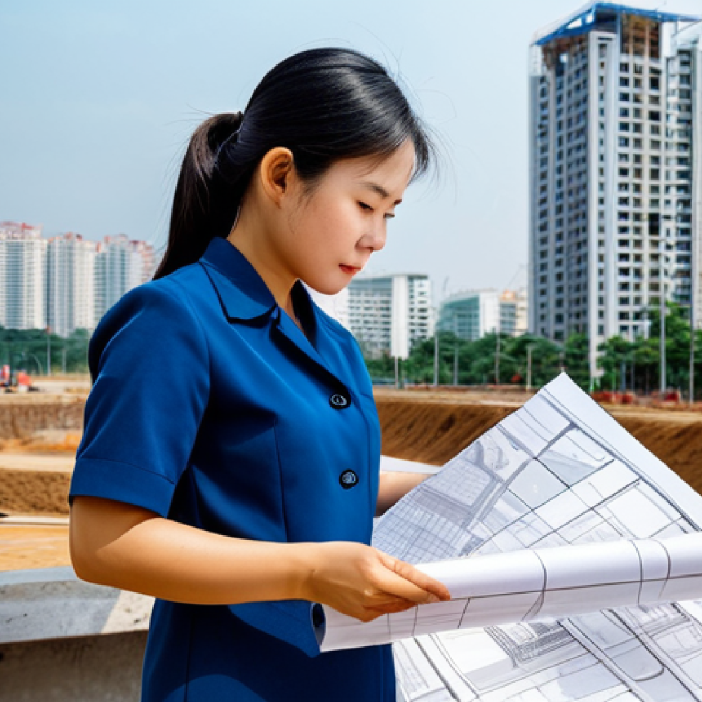 정보 시각화의 복잡한 데이터 단순화 전략 - **
A professional female architect in a fully clothed, modest business attire, reviewing blueprints...
