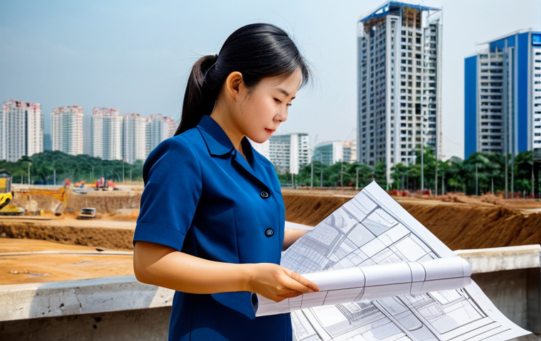 정보 시각화의 복잡한 데이터 단순화 전략 - **
A professional female architect in a fully clothed, modest business attire, reviewing blueprints...