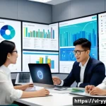 Home 22 정보 시각화 작업 흐름 최적화 전략 - A modern Vietnamese office environment with a diverse team of professionals gathered around a large ...