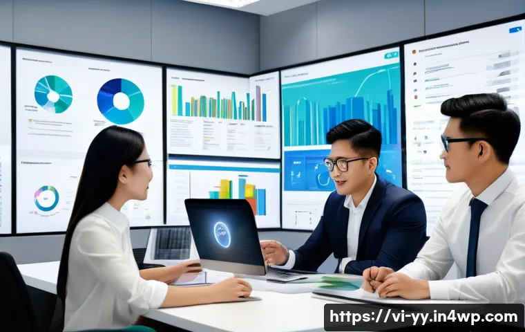 정보 시각화 작업 흐름 최적화 전략 - A modern Vietnamese office environment with a diverse team of professionals gathered around a large ...