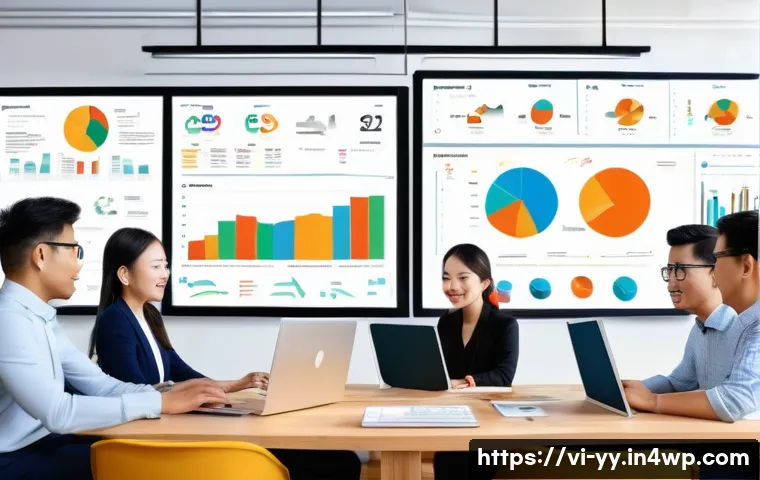 비즈니스 인사이트를 위한 데이터 시각화 가이드 - A modern Vietnamese office environment with a diverse team of professionals collaborating around a l...