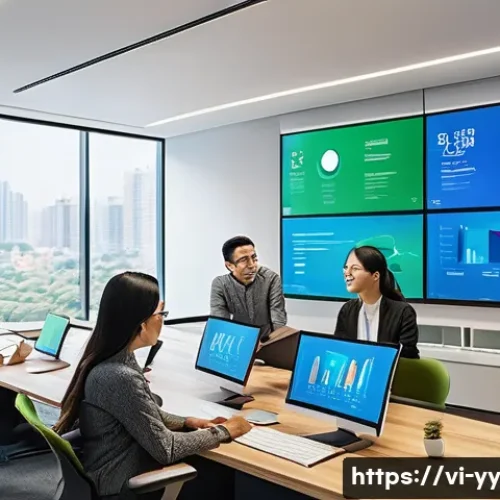 Home 32 효과적인 정보 시각화를 위한 사용자 피드백 활용 - A modern Vietnamese office setting with a diverse group of professionals analyzing colorful, interac...