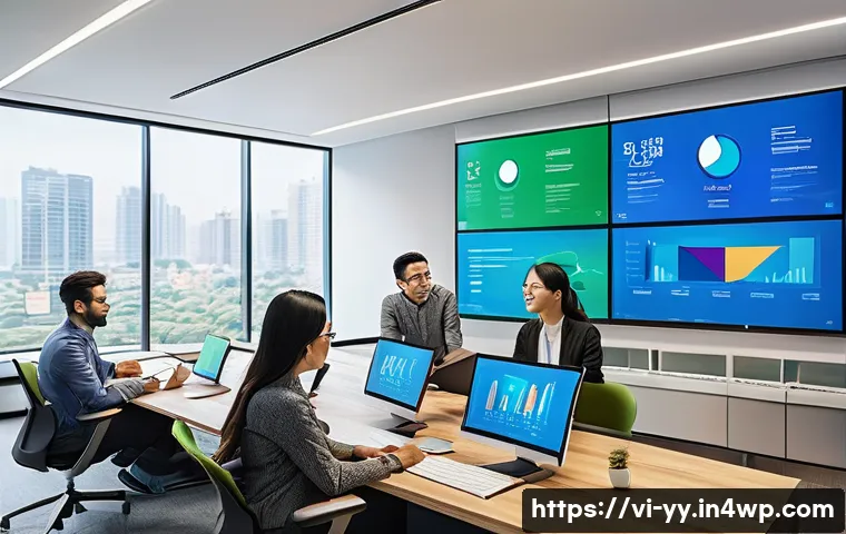 효과적인 정보 시각화를 위한 사용자 피드백 활용 - A modern Vietnamese office setting with a diverse group of professionals analyzing colorful, interac...