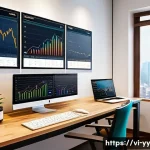 Home 19 데이터 시각화의 복잡성 극복 방법 - A professional office workspace featuring a sleek computer screen displaying a vibrant, interactive ...