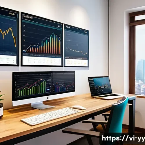 Home 31 데이터 시각화의 복잡성 극복 방법 - A professional office workspace featuring a sleek computer screen displaying a vibrant, interactive ...