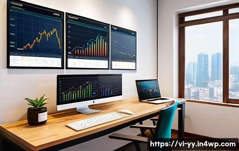 데이터 시각화의 복잡성 극복 방법 - A professional office workspace featuring a sleek computer screen displaying a vibrant, interactive ...