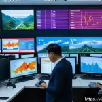Home 23 정보 시각화와 데이터 저널리즘의 관계 - A modern Vietnamese newsroom scene featuring a diverse group of journalists analyzing colorful inter...