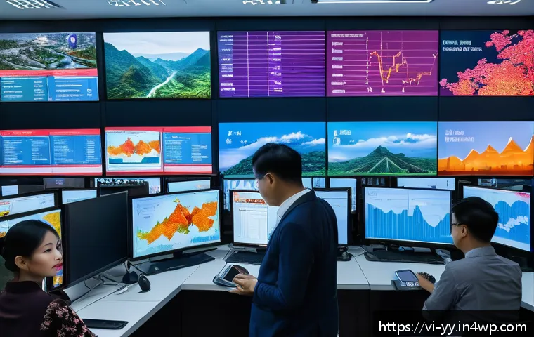 정보 시각화와 데이터 저널리즘의 관계 - A modern Vietnamese newsroom scene featuring a diverse group of journalists analyzing colorful inter...